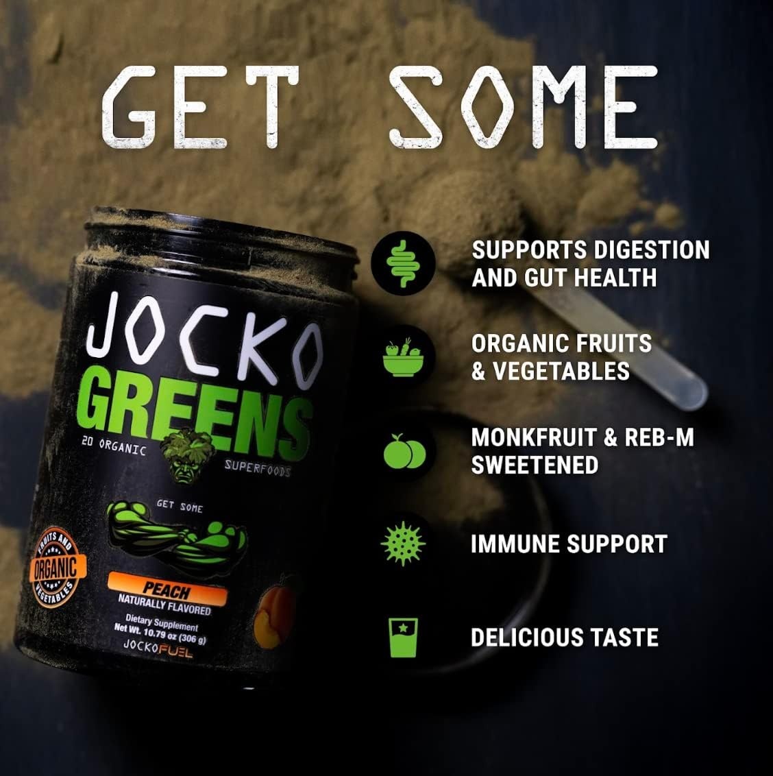 image:imageJocko Fuel Daily Greens Powder Premium Organic Greens Superfood Powder for Gut Health Digestion Bloating Immune Support with Spirulina Chlorella Digestive Enzymes amp Probiotics 30 ServingsPeach