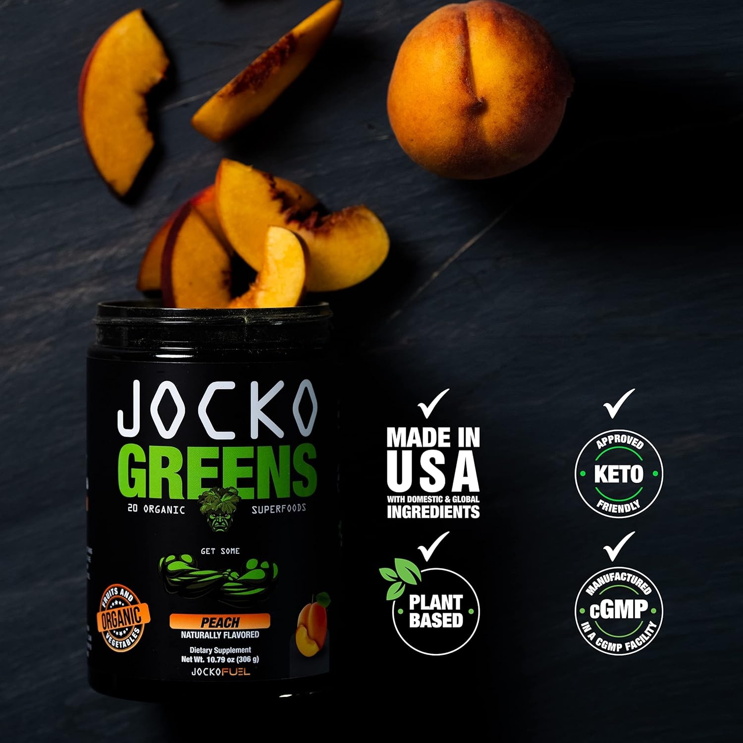 image:imageJocko Fuel Daily Greens Powder Premium Organic Greens Superfood Powder for Gut Health Digestion Bloating Immune Support with Spirulina Chlorella Digestive Enzymes amp Probiotics 30 ServingsPeach