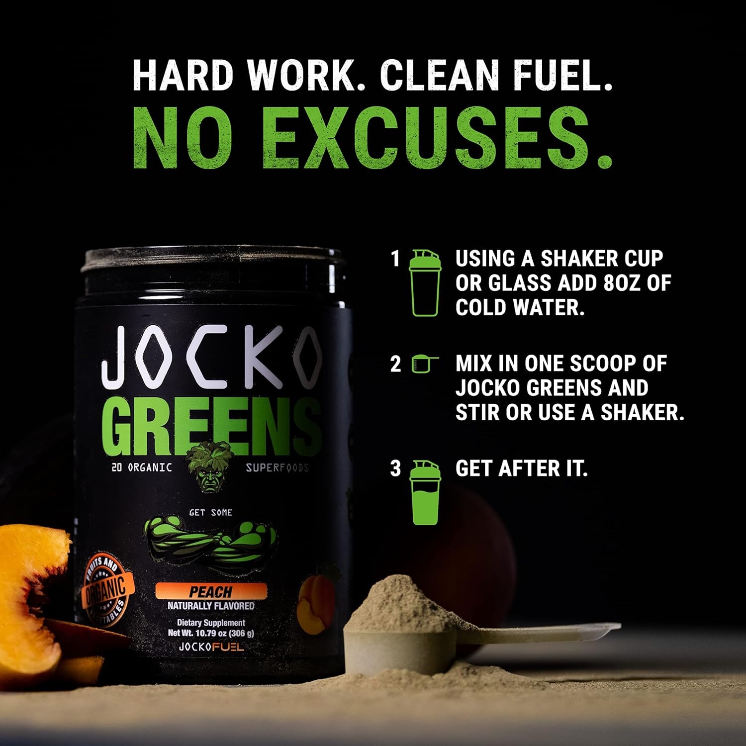 image:imageJocko Fuel Daily Greens Powder Premium Organic Greens Superfood Powder for Gut Health Digestion Bloating Immune Support with Spirulina Chlorella Digestive Enzymes amp Probiotics 30 ServingsPeach