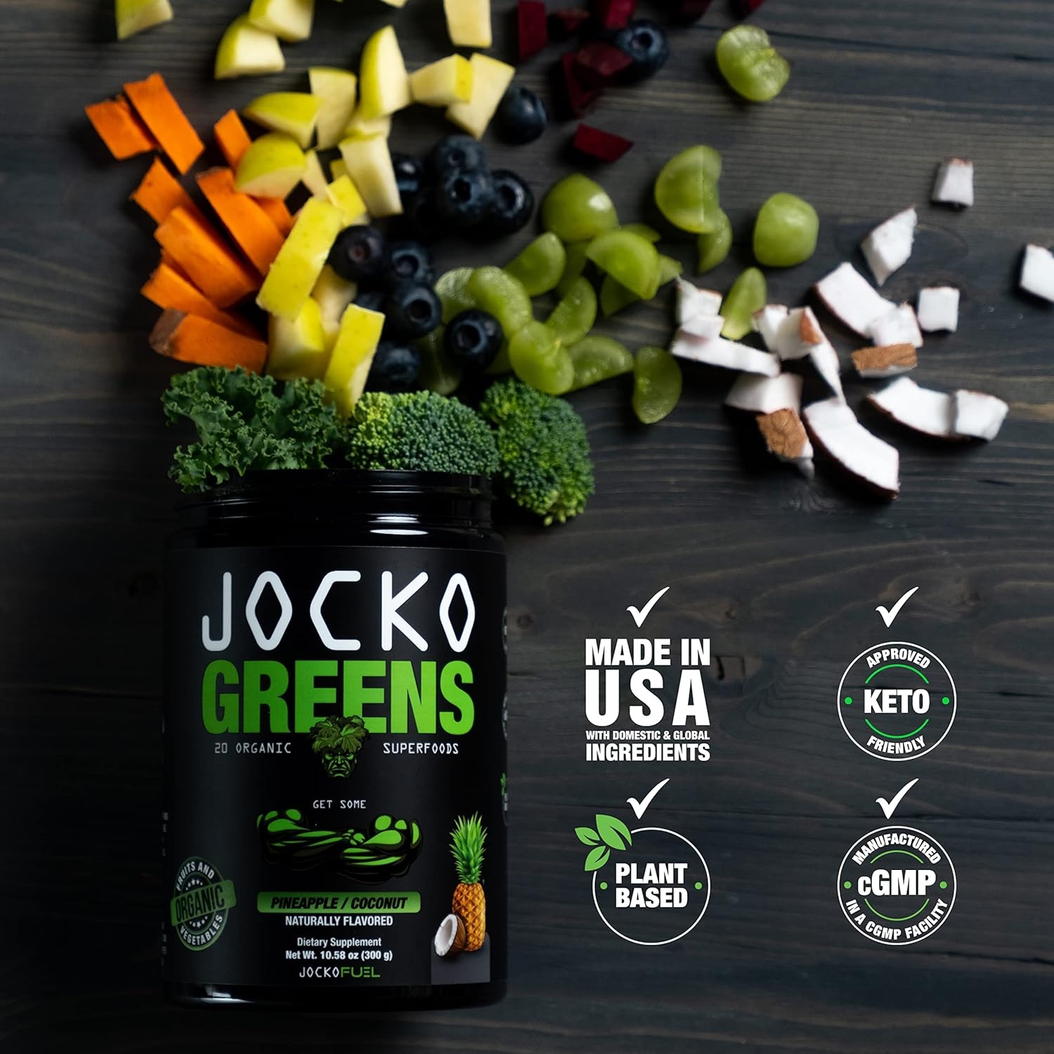 image:imageJocko Fuel Daily Greens Powder Premium Organic Greens Superfood Powder for Gut Health Digestion Bloating Immune Support with Spirulina Chlorella Digestive Enzymes amp Probiotics 30 ServingsCoconutPineapple