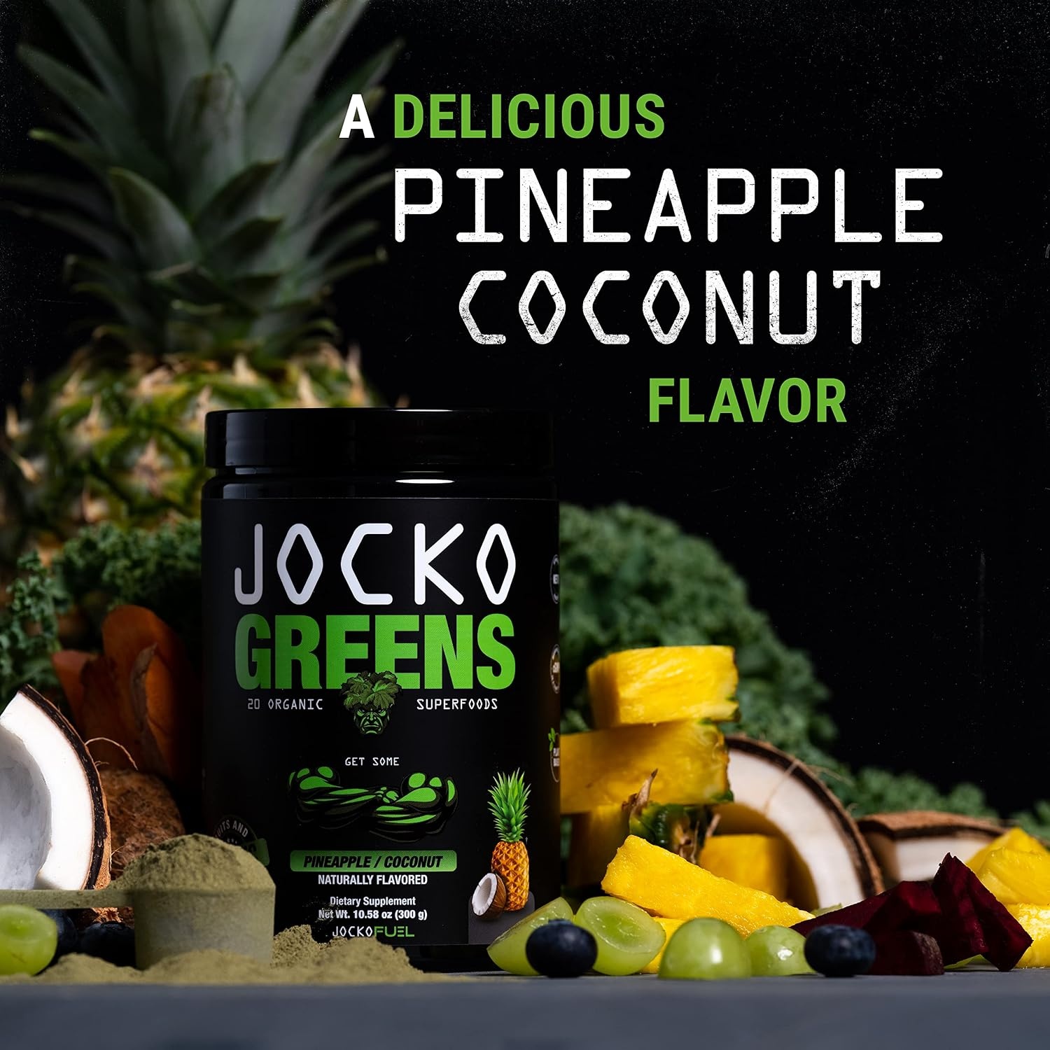 image:imageJocko Fuel Daily Greens Powder Premium Organic Greens Superfood Powder for Gut Health Digestion Bloating Immune Support with Spirulina Chlorella Digestive Enzymes amp Probiotics 30 ServingsCoconutPineapple