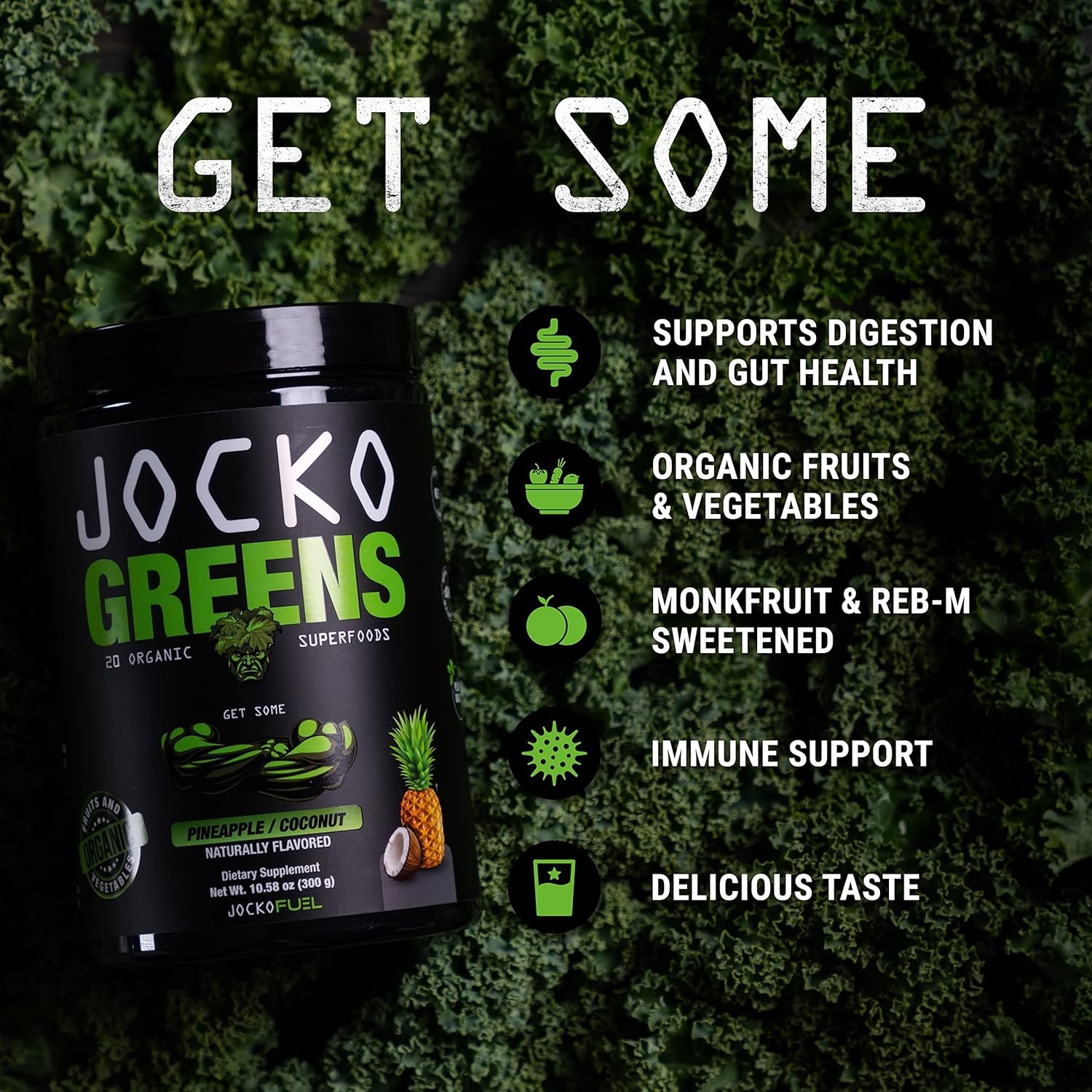 image:imageJocko Fuel Daily Greens Powder Premium Organic Greens Superfood Powder for Gut Health Digestion Bloating Immune Support with Spirulina Chlorella Digestive Enzymes amp Probiotics 30 ServingsCoconutPineapple
