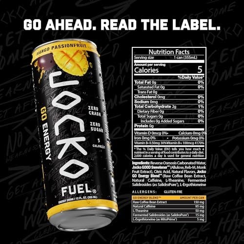 image:imageJocko Fuel GO Energy Drinks Afterburner Orange 95mg Caffeine with Added Adaptogens Vitamin B12 amp B6 amp L Theanine for Mood amp Focus Support No Sugar 12 Pack Packaging May VaryMango Passionfruit