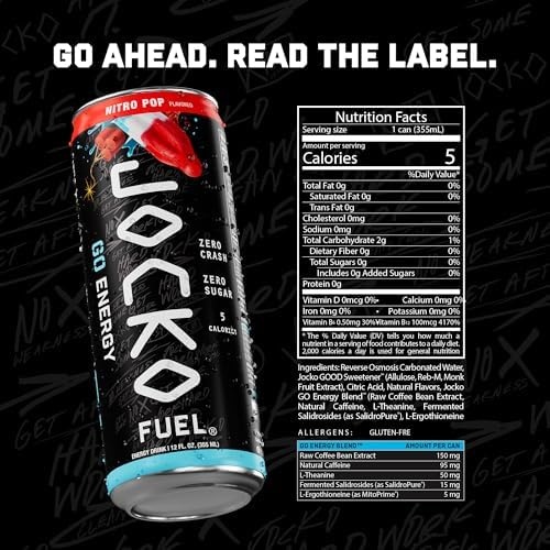image:imageJocko Fuel GO Energy Drinks Afterburner Orange 95mg Caffeine with Added Adaptogens Vitamin B12 amp B6 amp L Theanine for Mood amp Focus Support No Sugar 12 Pack Packaging May VaryNitro Pop