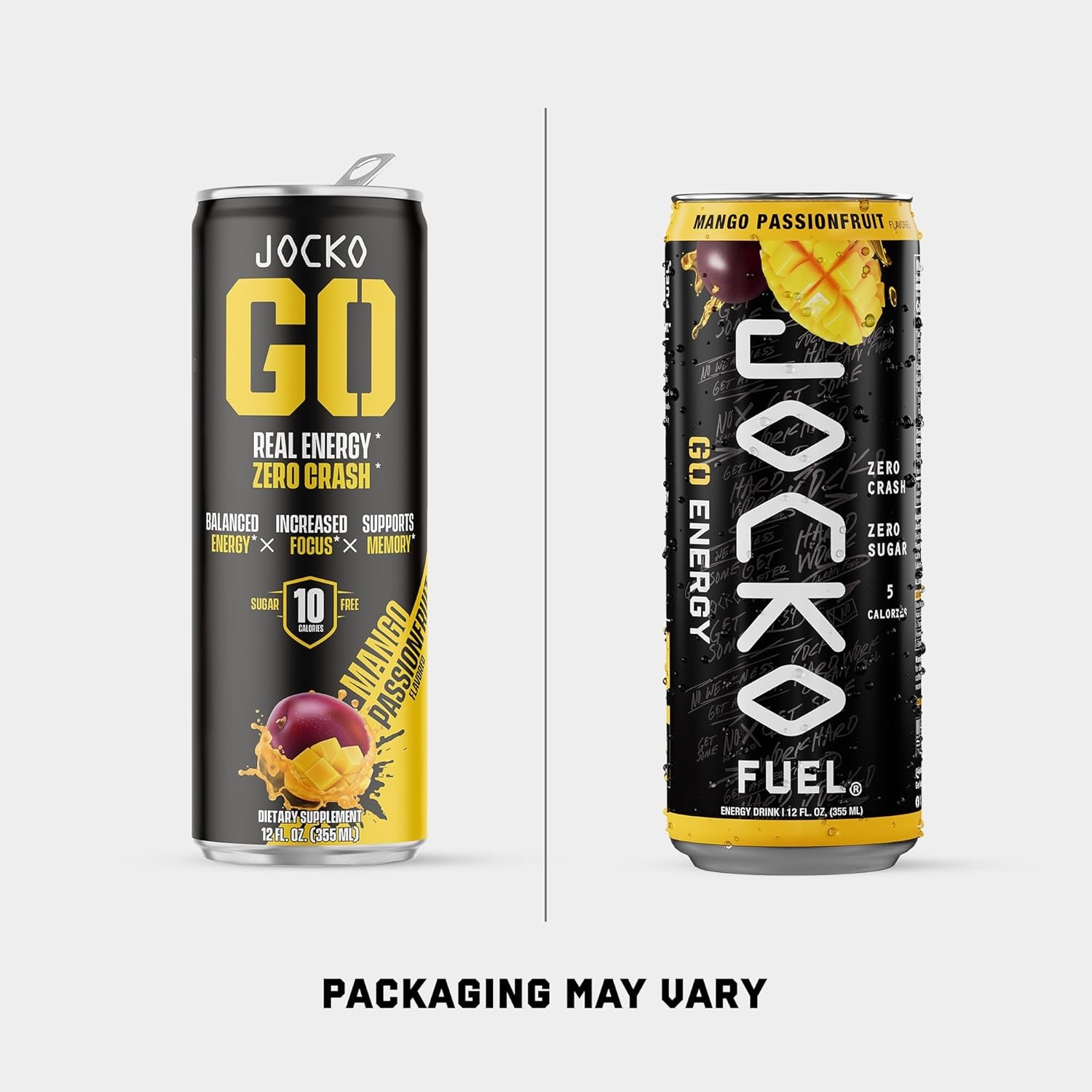 image:imageJocko Fuel GO Energy Drinks Afterburner Orange 95mg Caffeine with Added Adaptogens Vitamin B12 amp B6 amp L Theanine for Mood amp Focus Support No Sugar 12 Pack Packaging May VaryMango Passionfruit