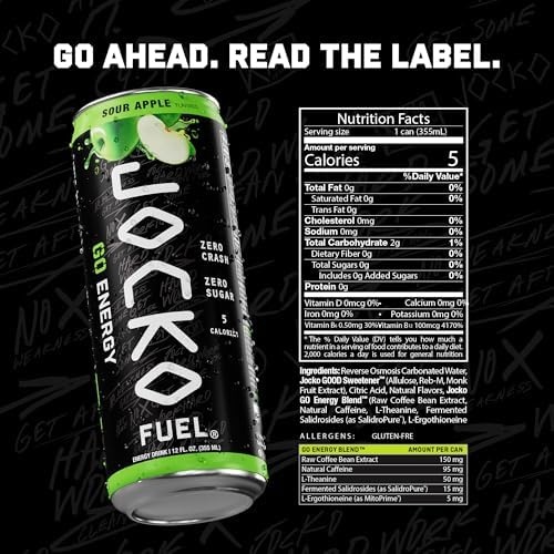 image:imageJocko Fuel GO Energy Drinks Afterburner Orange 95mg Caffeine with Added Adaptogens Vitamin B12 amp B6 amp L Theanine for Mood amp Focus Support No Sugar 12 Pack Packaging May VarySour Apple