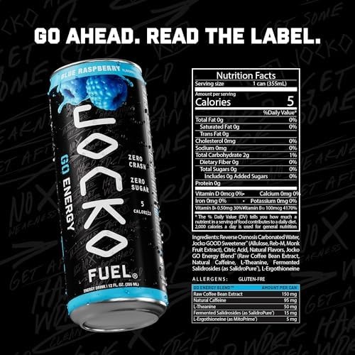 image:imageJocko Fuel GO Energy Drinks Afterburner Orange 95mg Caffeine with Added Adaptogens Vitamin B12 amp B6 amp L Theanine for Mood amp Focus Support No Sugar 12 Pack Packaging May VaryBlue Raspberry