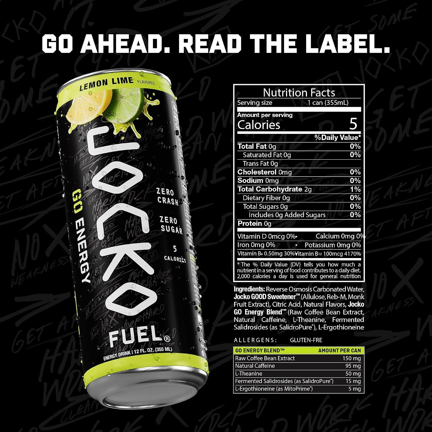 image:imageJocko Fuel GO Energy Drinks Afterburner Orange 95mg Caffeine with Added Adaptogens Vitamin B12 amp B6 amp L Theanine for Mood amp Focus Support No Sugar 12 Pack Packaging May VaryLemon Lime