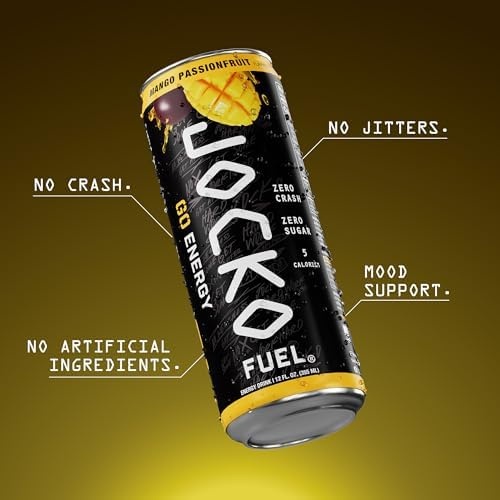 image:imageJocko Fuel GO Energy Drinks Afterburner Orange 95mg Caffeine with Added Adaptogens Vitamin B12 amp B6 amp L Theanine for Mood amp Focus Support No Sugar 12 Pack Packaging May VaryMango Passionfruit