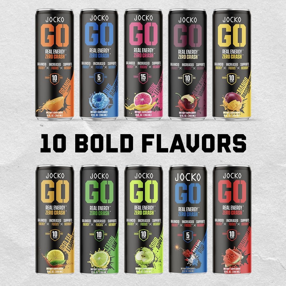 image:imageJocko Fuel GO Energy Drinks Afterburner Orange 95mg Caffeine with Added Adaptogens Vitamin B12 amp B6 amp L Theanine for Mood amp Focus Support No Sugar 12 Pack Packaging May VaryCoconutPineapple