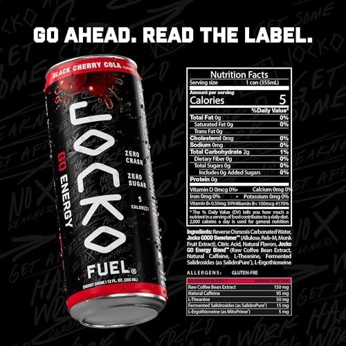 image:imageJocko Fuel GO Energy Drinks Afterburner Orange 95mg Caffeine with Added Adaptogens Vitamin B12 amp B6 amp L Theanine for Mood amp Focus Support No Sugar 12 Pack Packaging May VaryBlack Cherry Cola