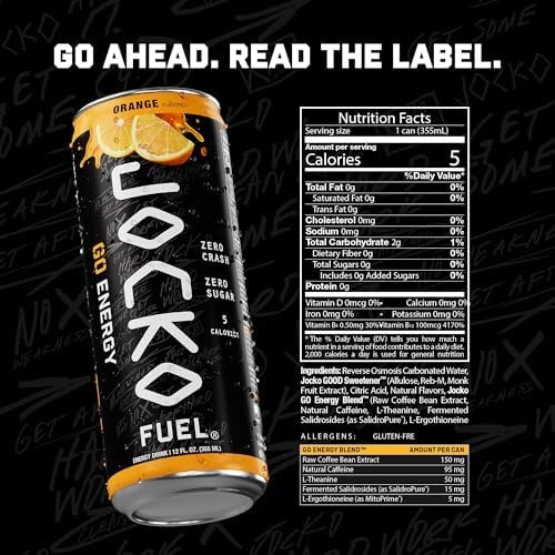 image:imageJocko Fuel GO Energy Drinks Afterburner Orange 95mg Caffeine with Added Adaptogens Vitamin B12 amp B6 amp L Theanine for Mood amp Focus Support No Sugar 12 Pack Packaging May VaryAfterburner Orange