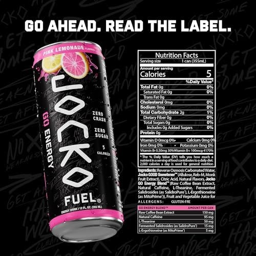 image:imageJocko Fuel GO Energy Drinks Afterburner Orange 95mg Caffeine with Added Adaptogens Vitamin B12 amp B6 amp L Theanine for Mood amp Focus Support No Sugar 12 Pack Packaging May VaryPink Lemonade
