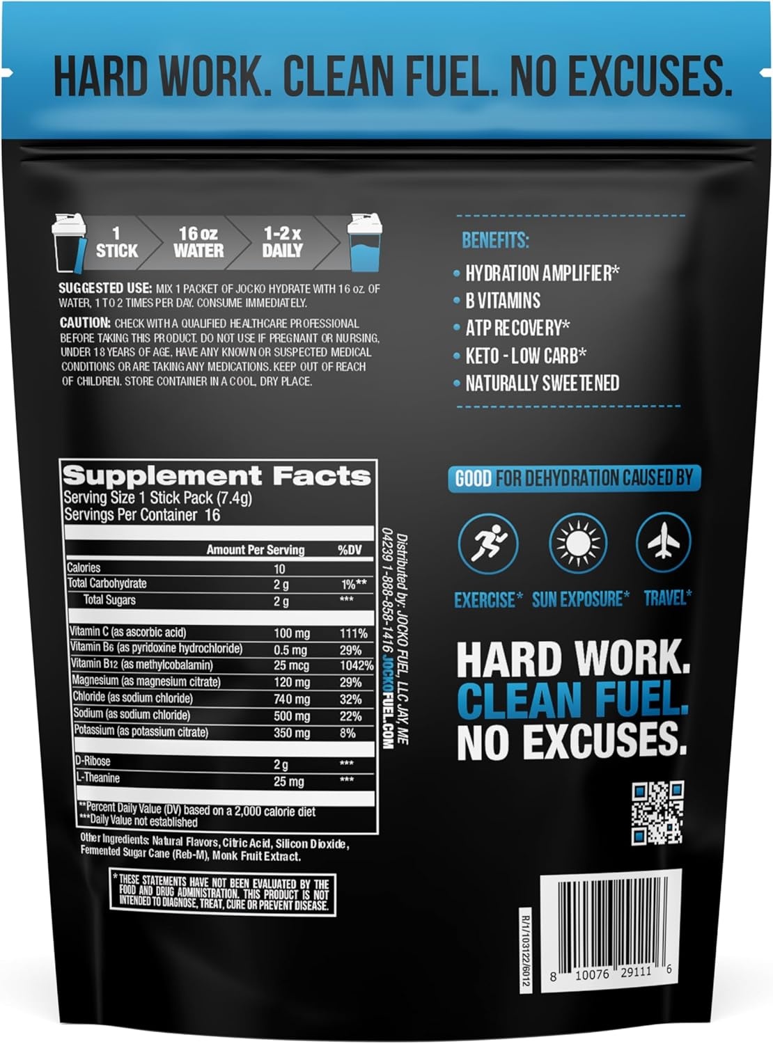 image:imageJocko Fuel Hydrate Electrolytes Powder Packets Low Sugar Hydration Amplifier Packets for Recovery Dehydration amp Exercise with Vitamins B6 B12 amp C 16 Packets Lemon LimeBlue Raspberry