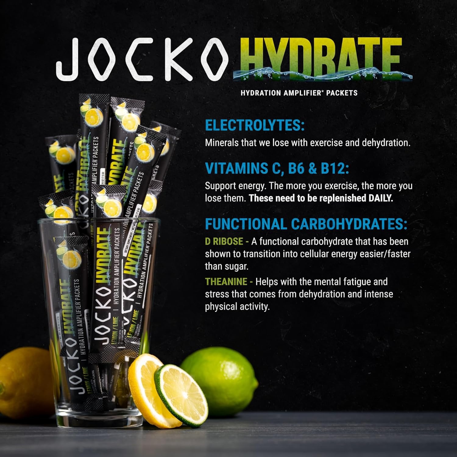 image:imageJocko Fuel Hydrate Electrolytes Powder Packets Low Sugar Hydration Amplifier Packets for Recovery Dehydration amp Exercise with Vitamins B6 B12 amp C 16 Packets Lemon LimeLemon Lime