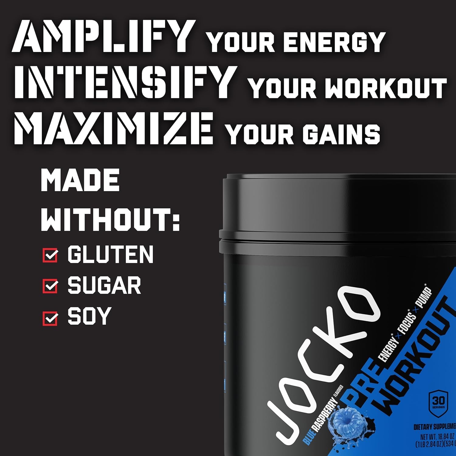 image:imageJocko Fuel Pre Workout for Men amp Women High Stim Low Sugar Blend with Beta Alanine LCitrulline Support Muscle Pump Energy amp Recovery 200mg of Caffeine Nitro Pop 30 Servings 131lbs 594 GBlue Raspberry