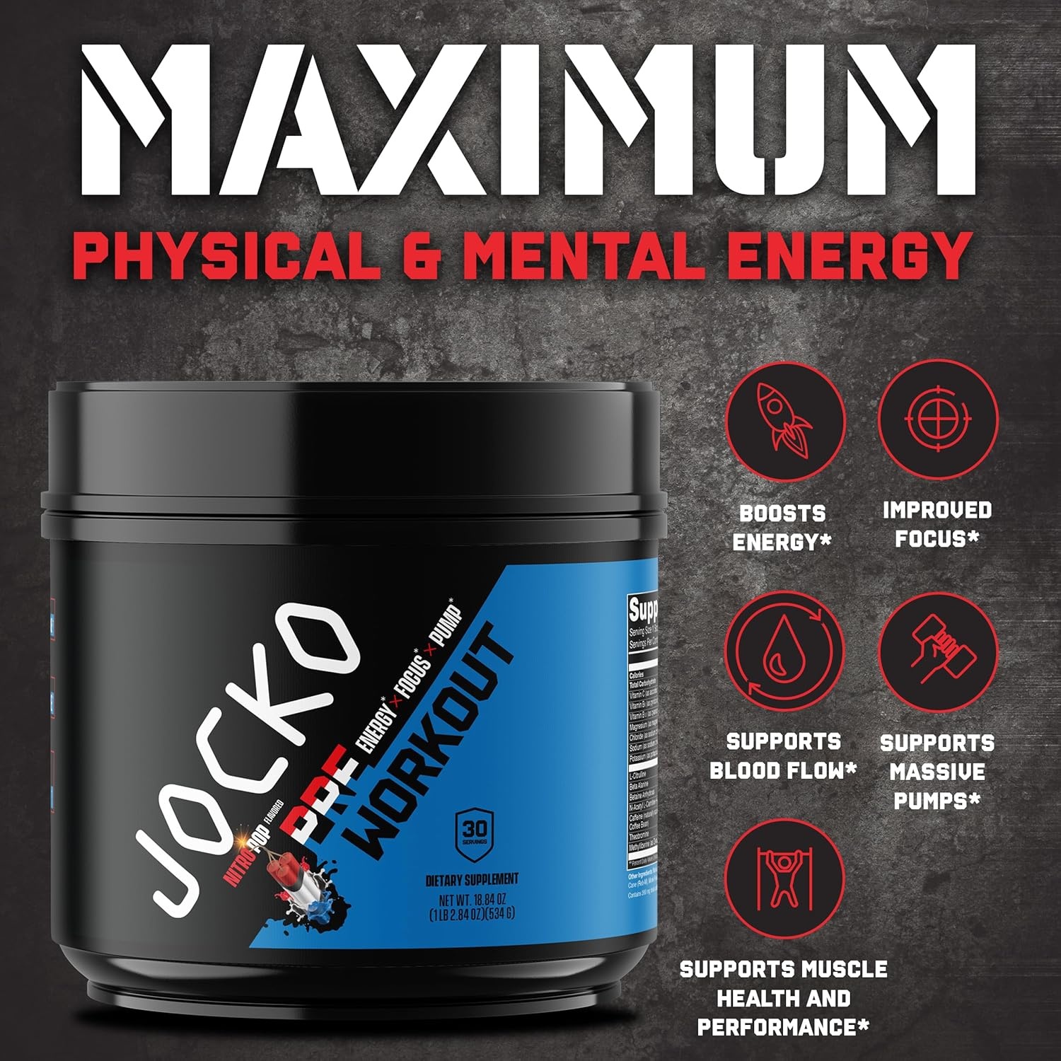 image:imageJocko Fuel Pre Workout for Men amp Women High Stim Low Sugar Blend with Beta Alanine LCitrulline Support Muscle Pump Energy amp Recovery 200mg of Caffeine Nitro Pop 30 Servings 131lbs 594 GNitro Pop