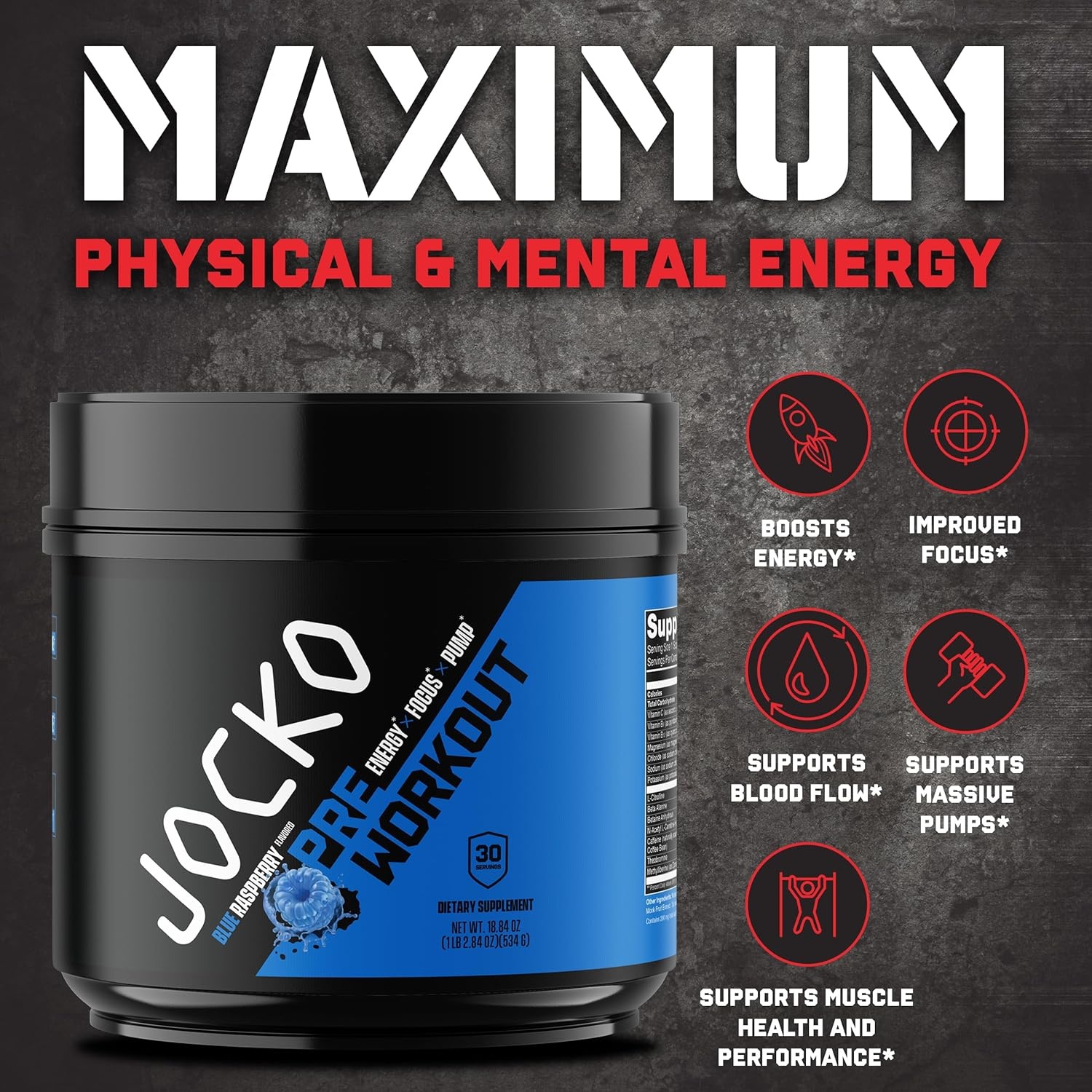 image:imageJocko Fuel Pre Workout for Men amp Women High Stim Low Sugar Blend with Beta Alanine LCitrulline Support Muscle Pump Energy amp Recovery 200mg of Caffeine Nitro Pop 30 Servings 131lbs 594 GBlue Raspberry