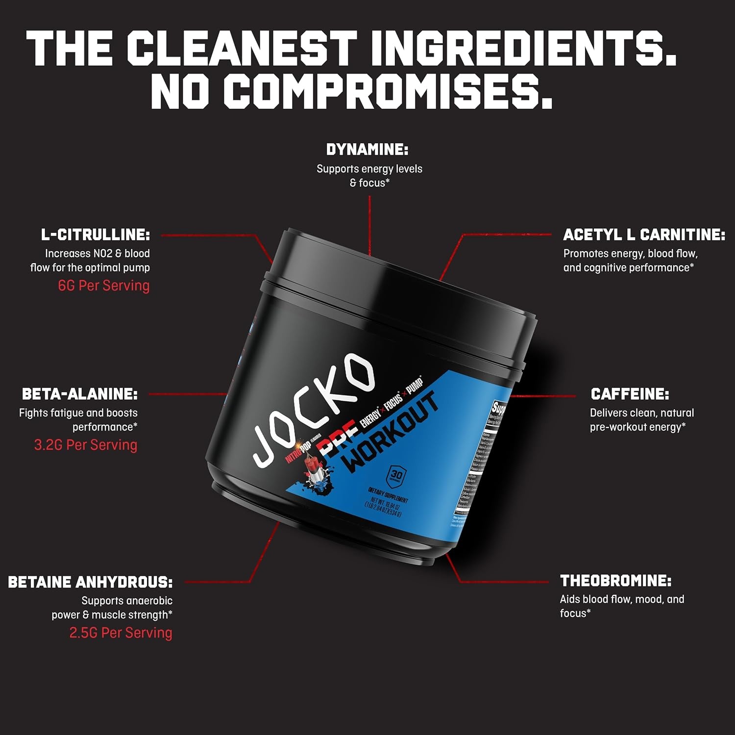 image:imageJocko Fuel Pre Workout for Men amp Women High Stim Low Sugar Blend with Beta Alanine LCitrulline Support Muscle Pump Energy amp Recovery 200mg of Caffeine Nitro Pop 30 Servings 131lbs 594 GNitro Pop
