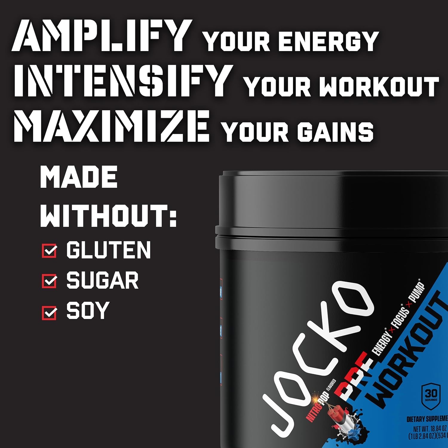 image:imageJocko Fuel Pre Workout for Men amp Women High Stim Low Sugar Blend with Beta Alanine LCitrulline Support Muscle Pump Energy amp Recovery 200mg of Caffeine Nitro Pop 30 Servings 131lbs 594 GNitro Pop