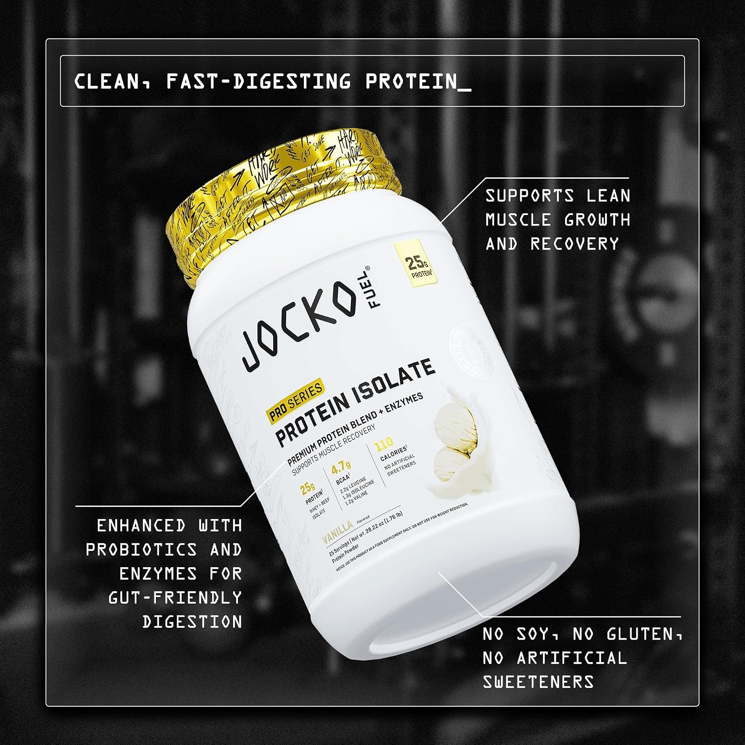 image:imageJocko Fuel Whey Protein Isolate Pro Series Caramel 25g Low Lactose Whey Beef Collagen with Digestive Enzymes Probiotics 47g BCAAs Low Carb 25 ServingsVanilla