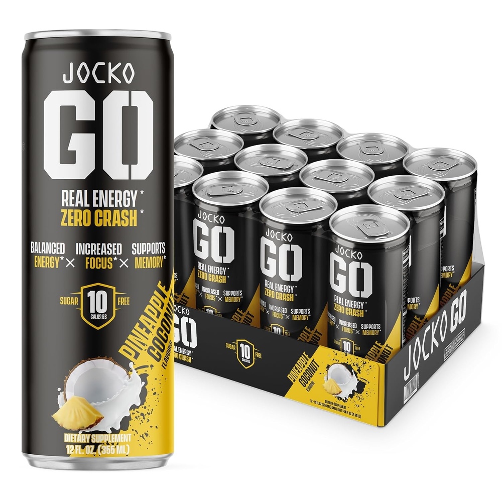 image:imageJocko Fuel GO Energy Drinks Afterburner Orange 95mg Caffeine with Added Adaptogens Vitamin B12 amp B6 amp L Theanine for Mood amp Focus Support No Sugar 12 Pack Packaging May VaryCoconutPineapple