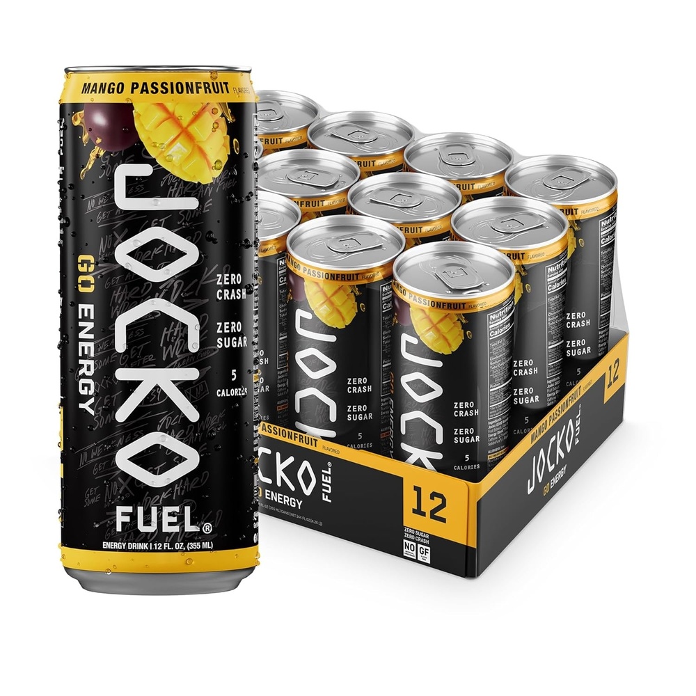 image:imageJocko Fuel GO Energy Drinks Afterburner Orange 95mg Caffeine with Added Adaptogens Vitamin B12 amp B6 amp L Theanine for Mood amp Focus Support No Sugar 12 Pack Packaging May VaryMango Passionfruit