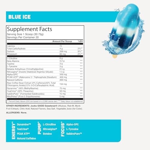 image:imageJocko Fuel Preworkout Pro Series Blue Ice Elite Performance Energy Focus Pump Formula 300mg Natural Caffeine LCitrulline Alpha GPC LTyrosine Peak ATP High Intensity Training 20 ServingsBlue Ice