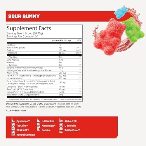 image:imageJocko Fuel Preworkout Pro Series Blue Ice Elite Performance Energy Focus Pump Formula 300mg Natural Caffeine LCitrulline Alpha GPC LTyrosine Peak ATP High Intensity Training 20 ServingsSour Gummy